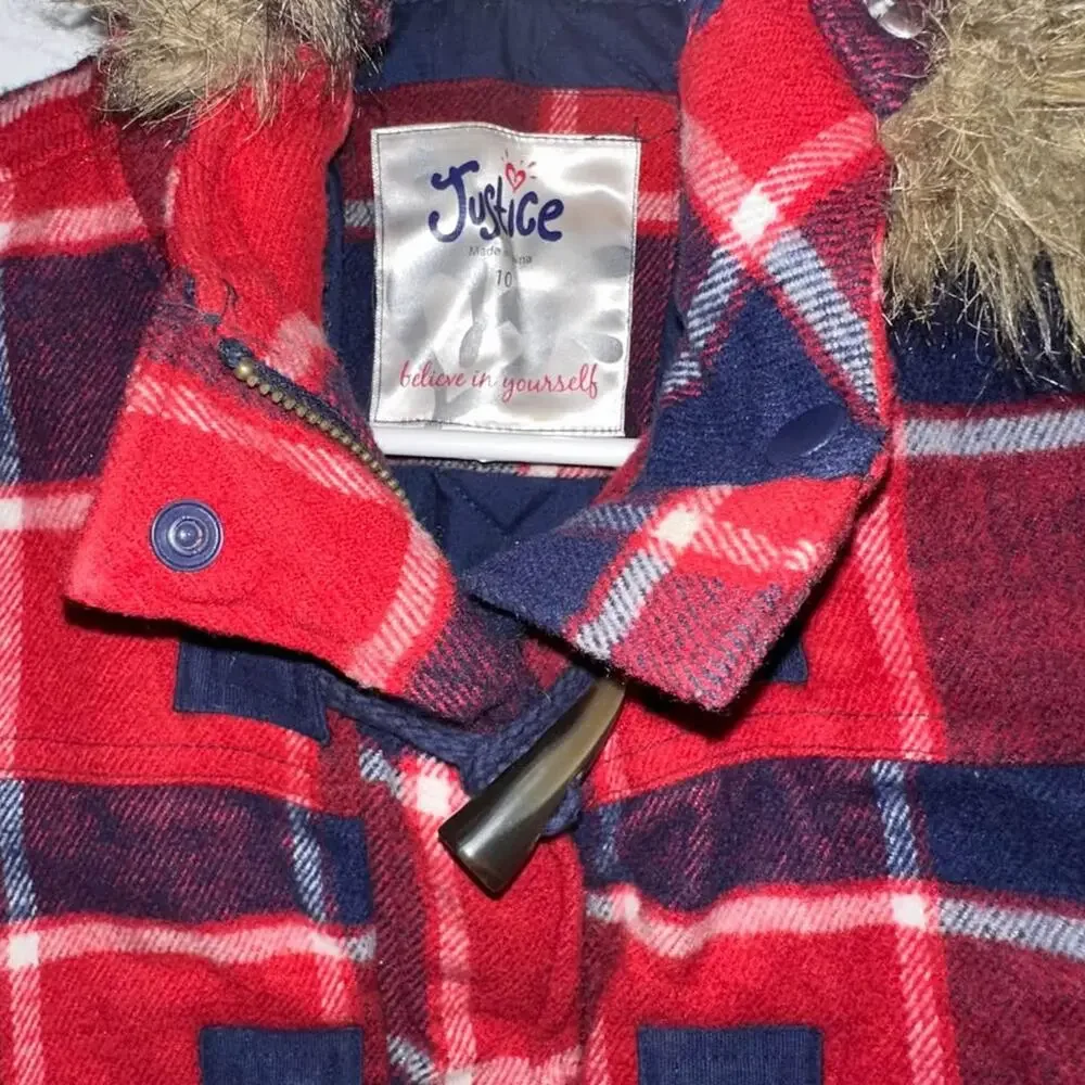 GIRLS Sz 10 Jacket Winter w Faux Fur Hood JUSTICE Peacoat Red/Navy Blue
